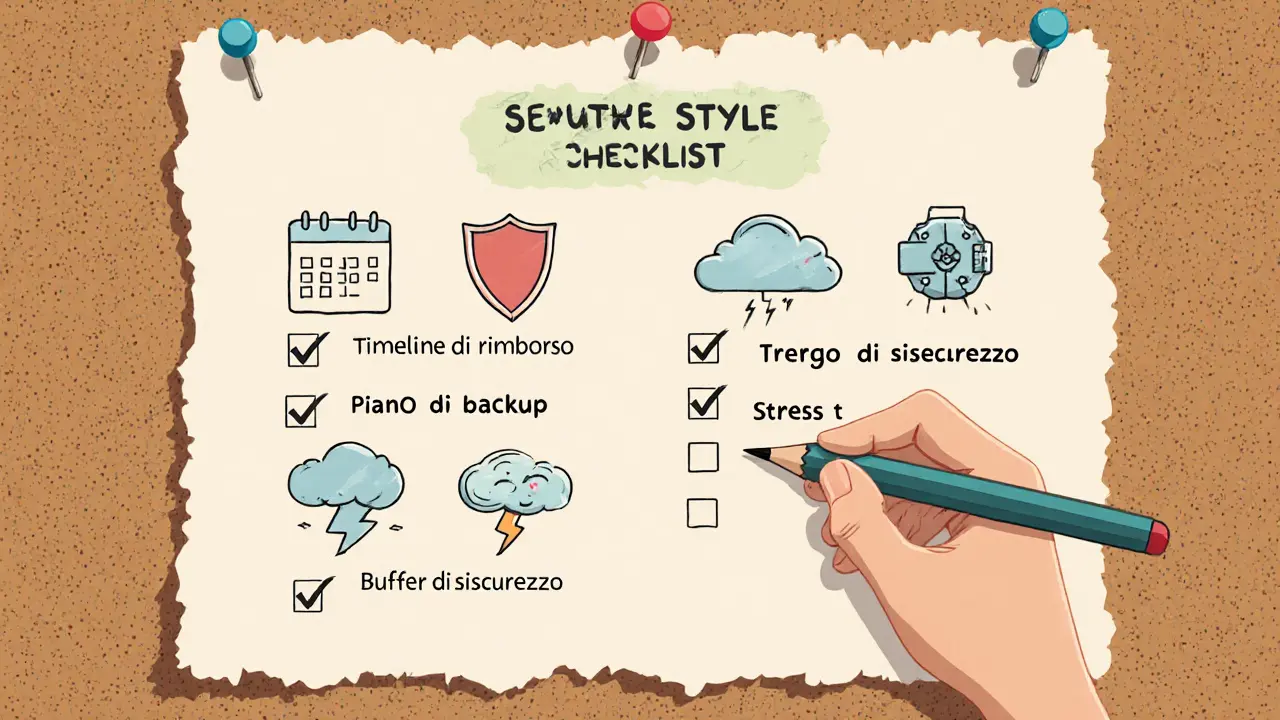 Lavagna con checklist di rimborso, backup, stress test e buffer, carattere che spunta.