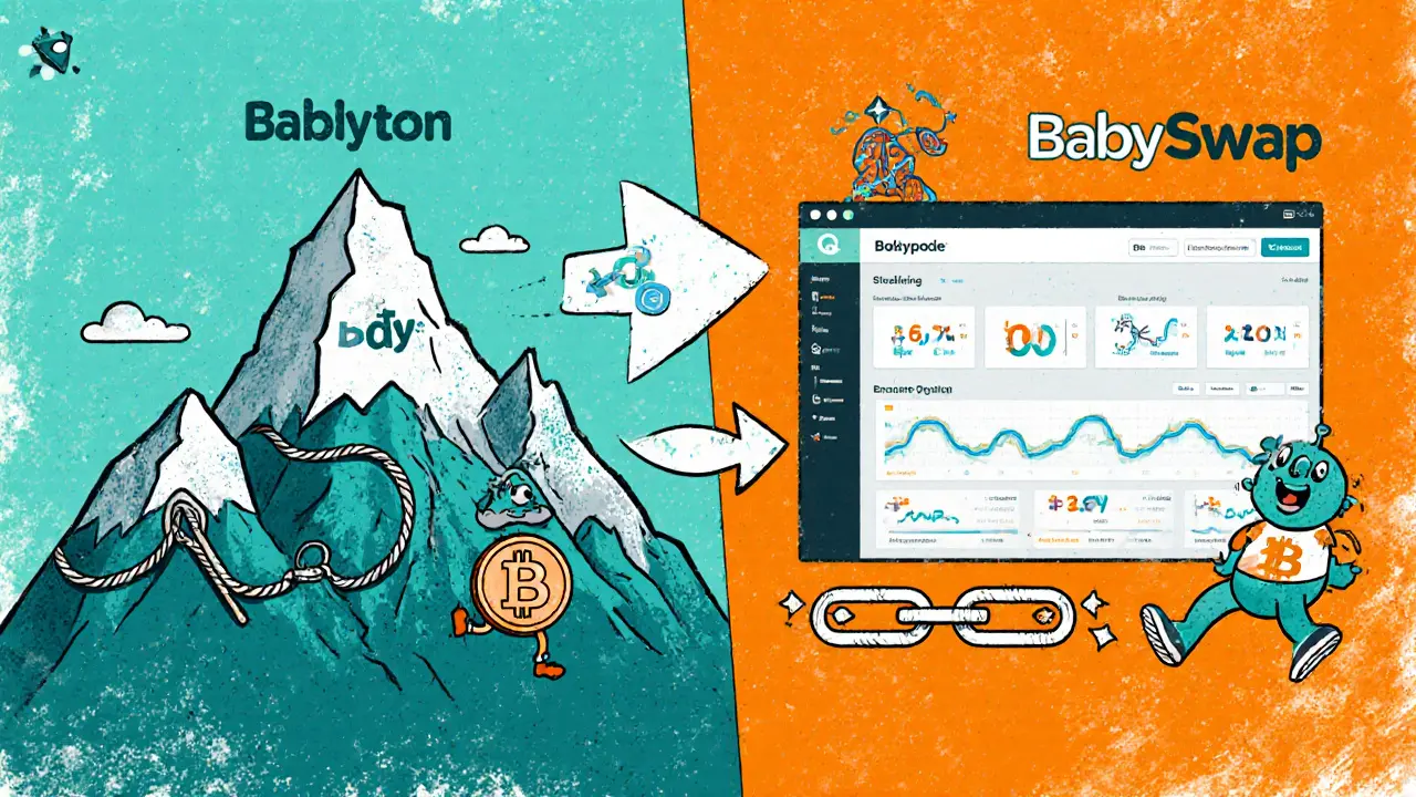 Confronto cartoon tra Babylon (staking) e BabySwap (DEX).