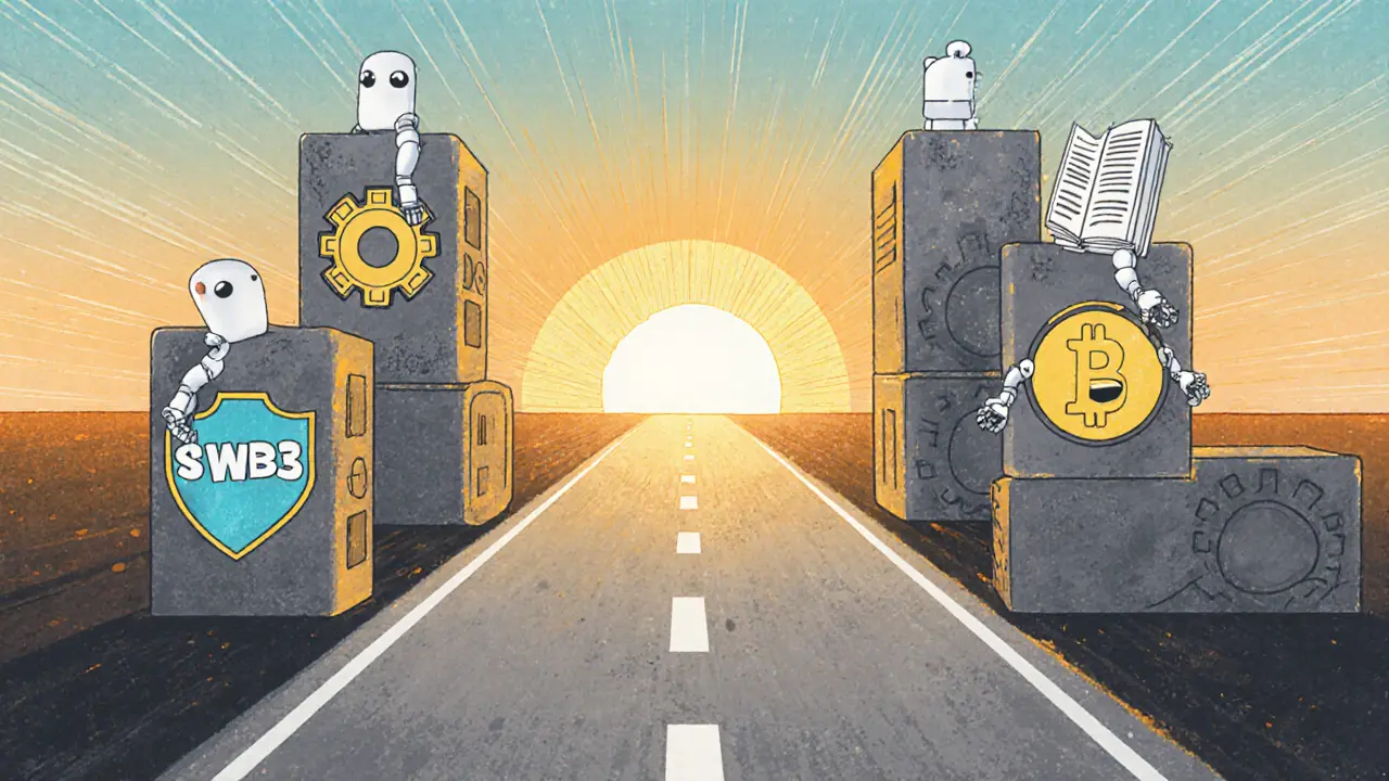 Strada di blocchi blockchain verso alba, con icone di sfide sollevate da robot.