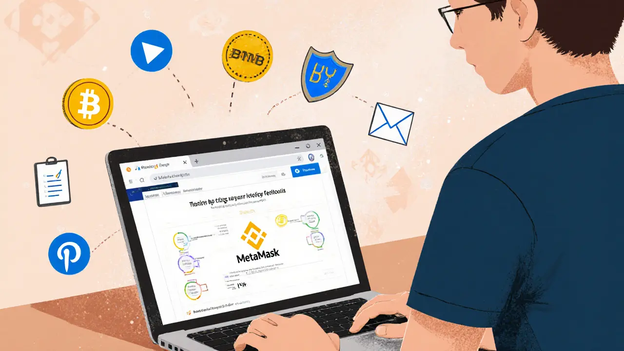 Utente prepara wallet BSC con icone della checklist di airdrop.