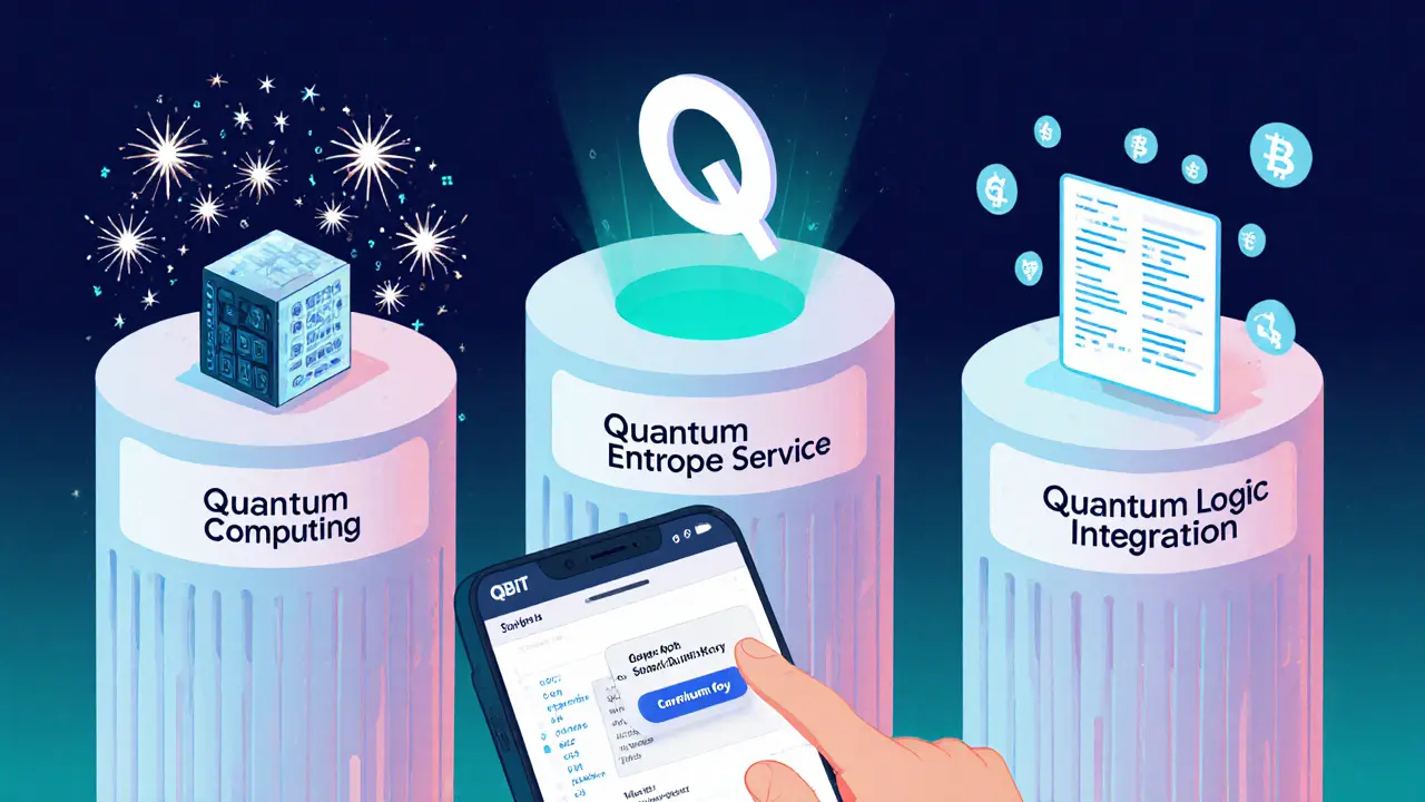 Cartoon con tre colonne che rappresentano calcolo quantistico, entropia e logica quantistica, collegati al logo QBIT.