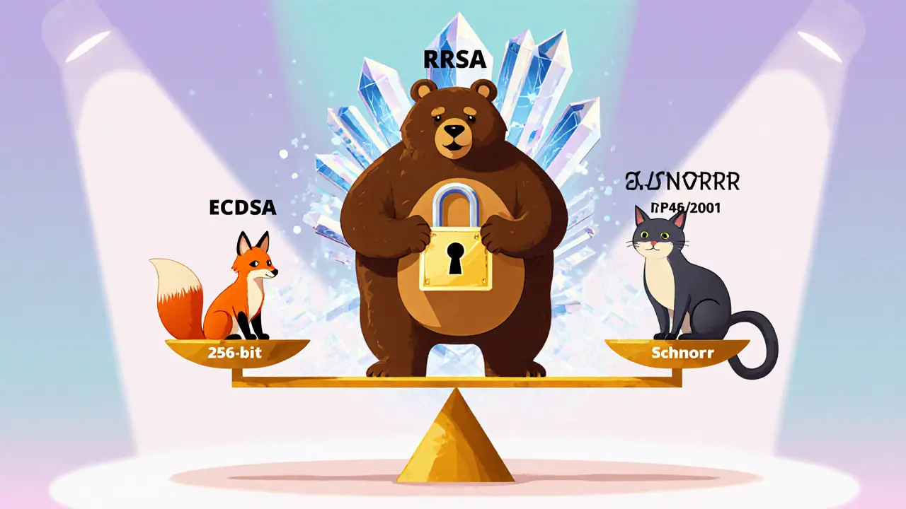 Confronto cartoon di ECDSA, RSA e Schnorr su una bilancia, con cristalli post‑quantistici sullo sfondo.