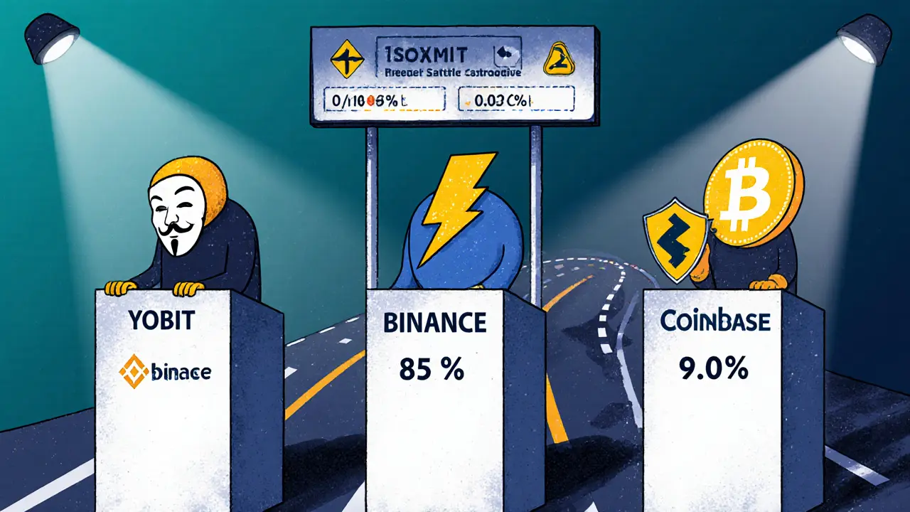 Confronto cartoon tra YoBit, Binance e Coinbase con punteggi di sicurezza e fee.