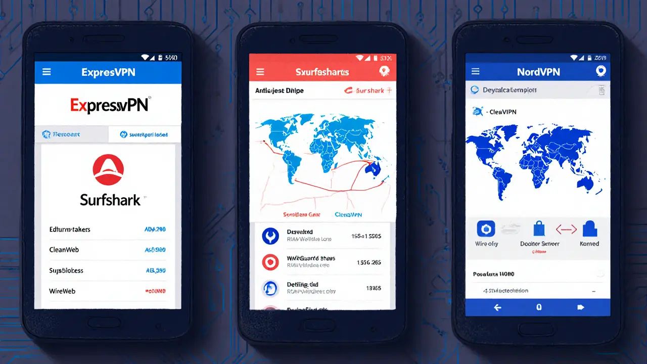 Confronto illustrato di ExpressVPN, Surfshark e NordVPN con mappe di server e protocolli.