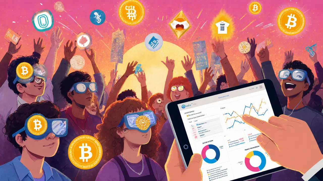 Fan con occhiali AR che ricevono badge NFT e airdrop, organizzatore con analisi.