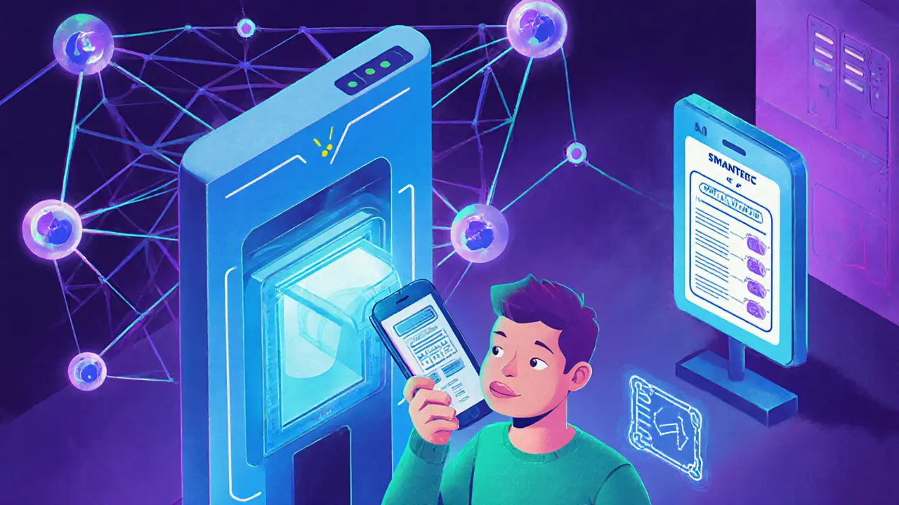 Ingresso futuristico che legge un ticket NFT con scanner digitale e blockchain.