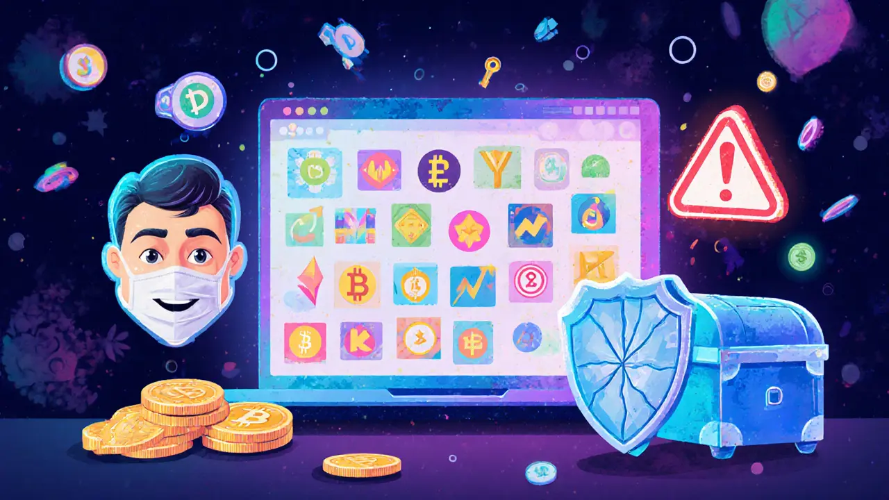 Interfaccia colorata di YoBit con icone di criptovalute, simboli di vantaggi e svantaggi.