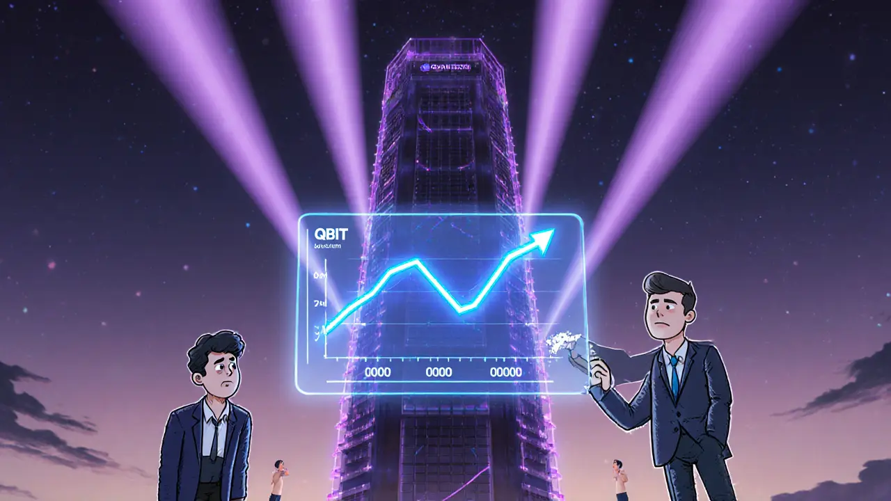 Investitore cartoon che osserva un grafico di prezzo QBIT con sfondo di computer quantistico e concorrenti QAN e QRL.
