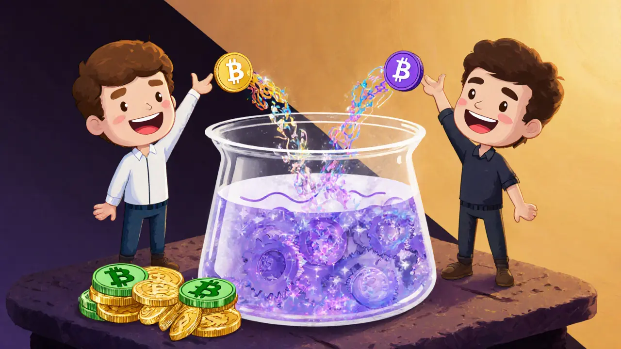 Personaggi cartoon versano Bzzt e Bzzb in una piscina di mining su PangolinSwap, creando BZZONE.