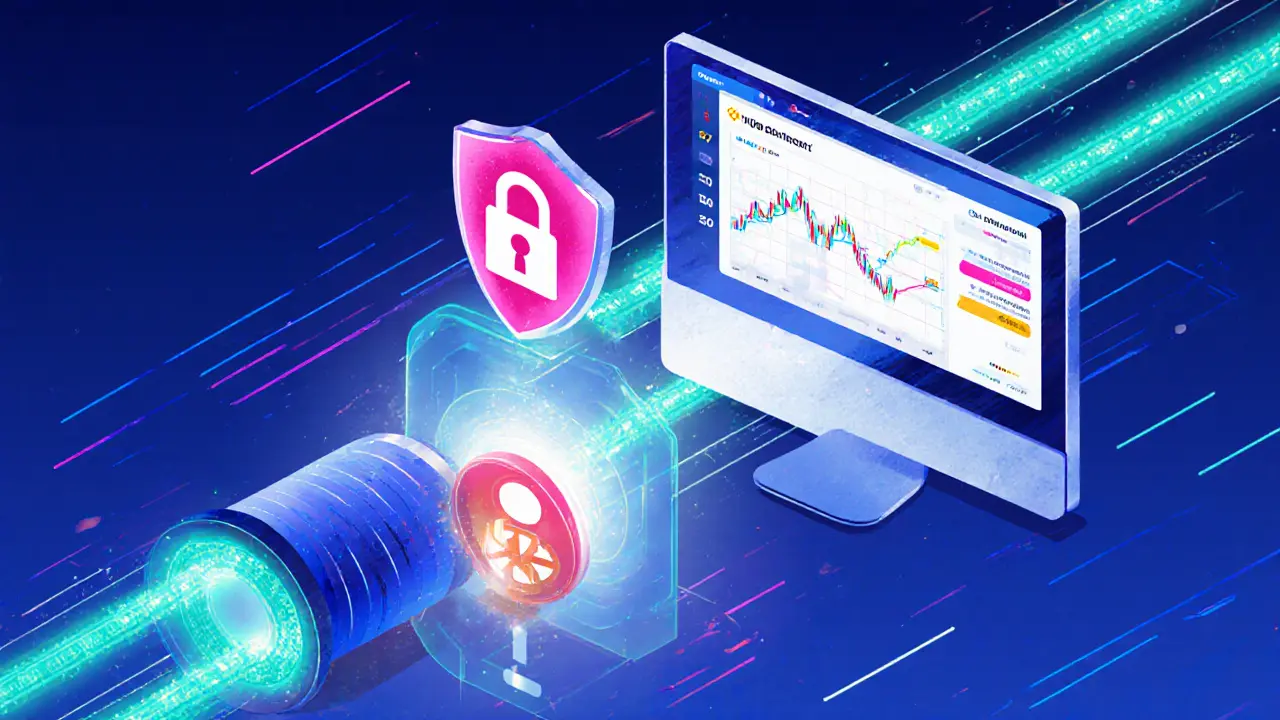 Scena futuristica di trader che usa VPN con modalità "Crypto‑Boost" e flussi di dati verso Binance.