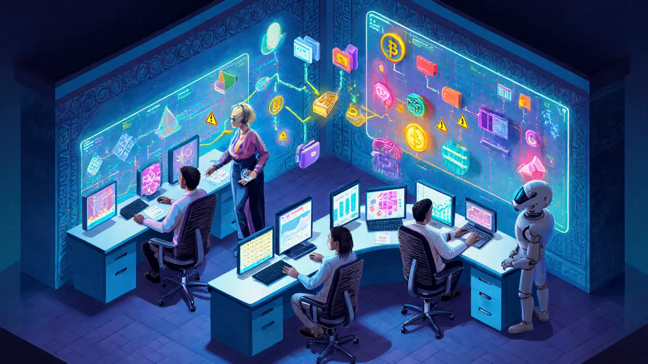 Ufficio di compliance con analisti, schermi olografici di blockchain e robot IA che segnalano trasferimenti sospetti.