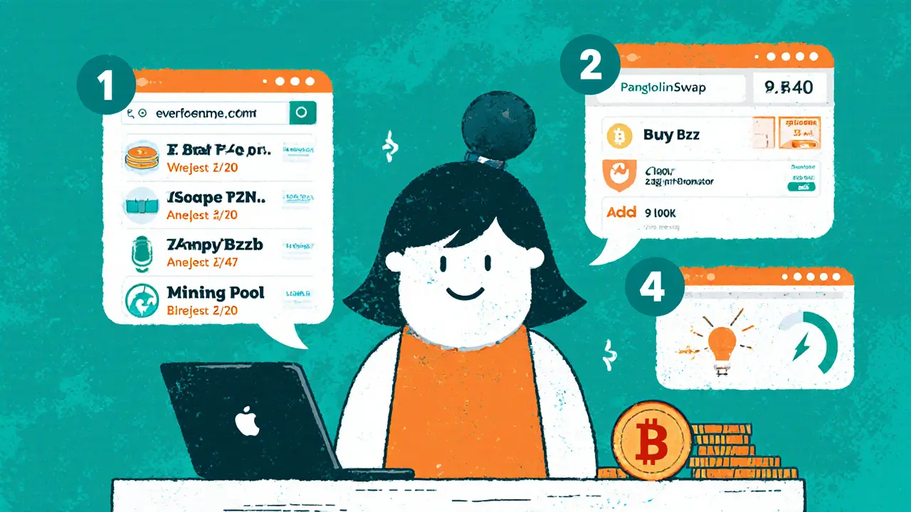Utente cartoon segue i passaggi per comprare Bzzt, ottenere Bzzb e avviare il mining su PangolinSwap.