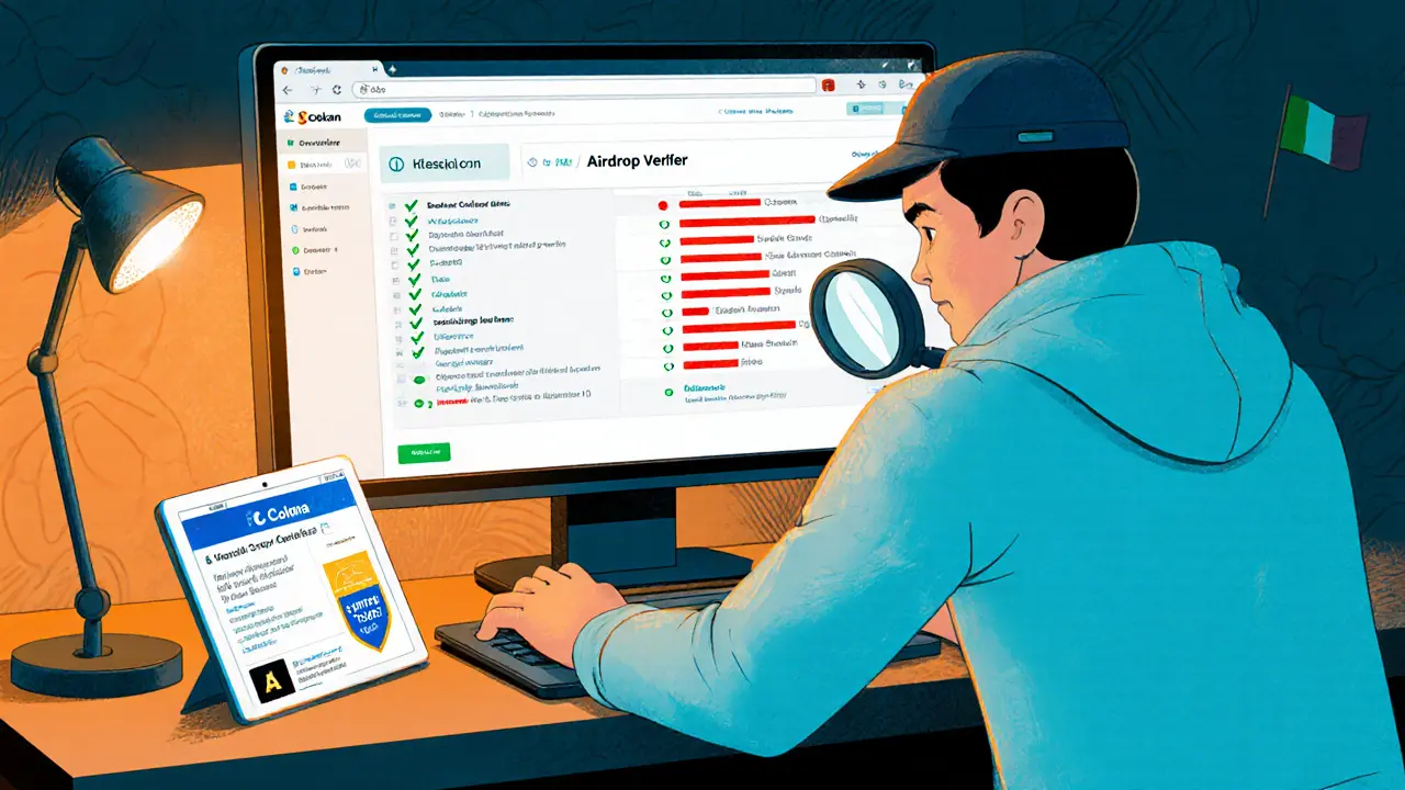 Detective crypto controlla contratto su Solscan, sito ufficiale e avvisi di verifica sullo schermo.