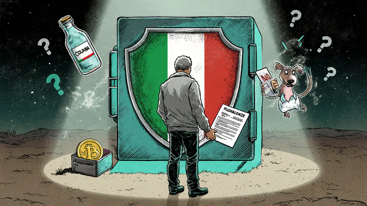 Utente sicuro difende il wallet con scudo italiano, tassa sulla plusvalenza e cane meme con segnale no.