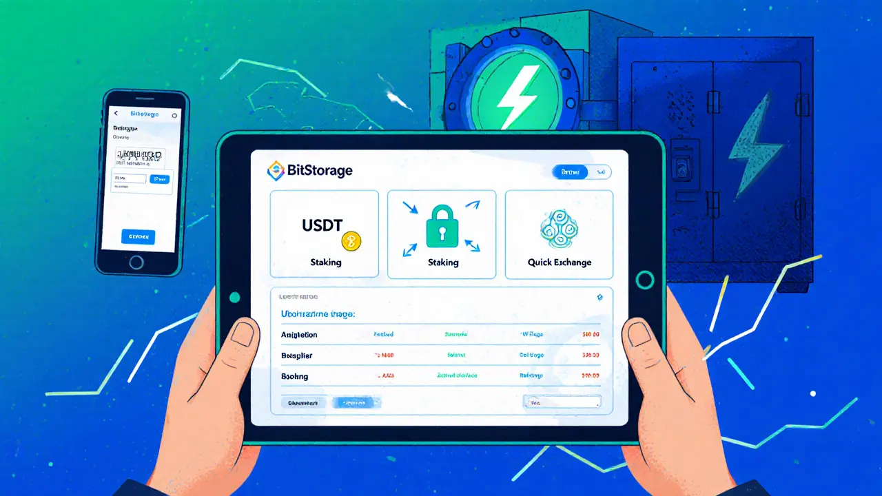 Dashboard di BitStorage su tablet con sezioni demo, staking e scambio rapido, telefono 2FA.