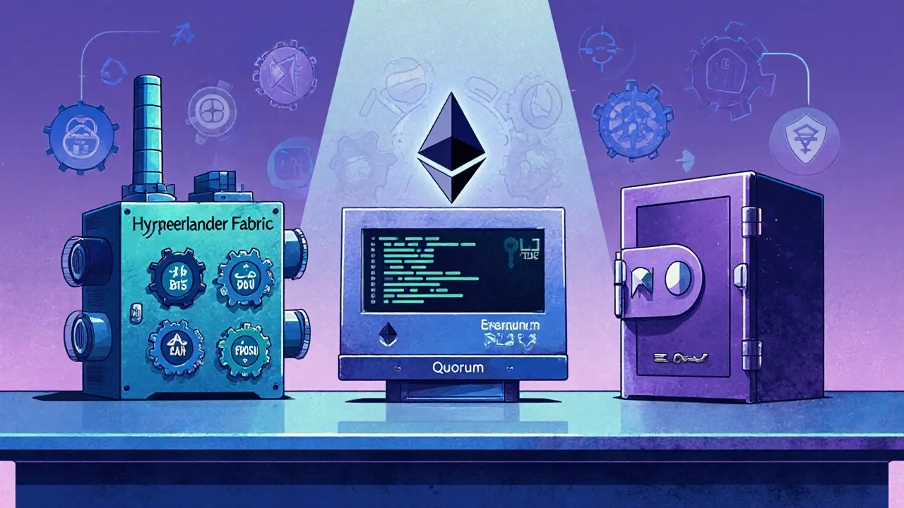 Illustrazione cartoon di tre macchine che rappresentano Hyperledger Fabric, Ethereum Besu e Quorum con icone di consenso e storage.