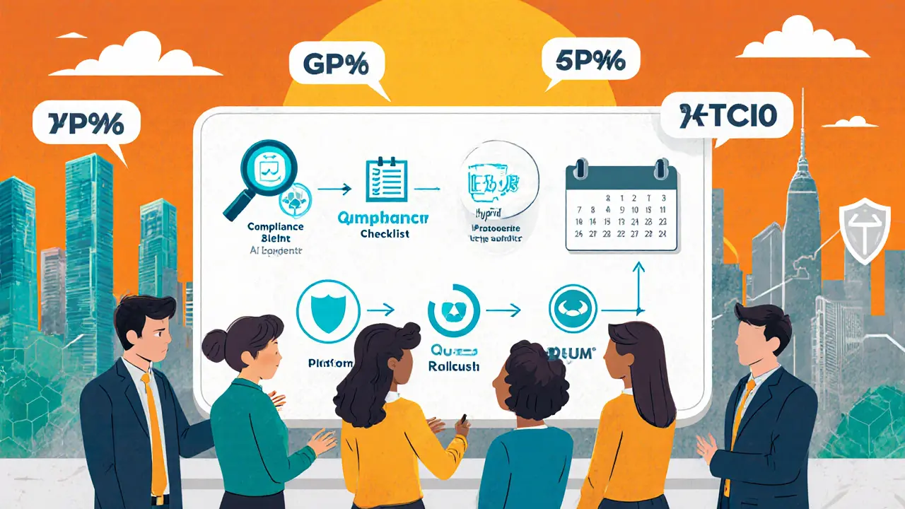 Illustrazione cartoon di un team aziendale che segue una roadmap DLT con icone di use‑case, conformità e KPI.