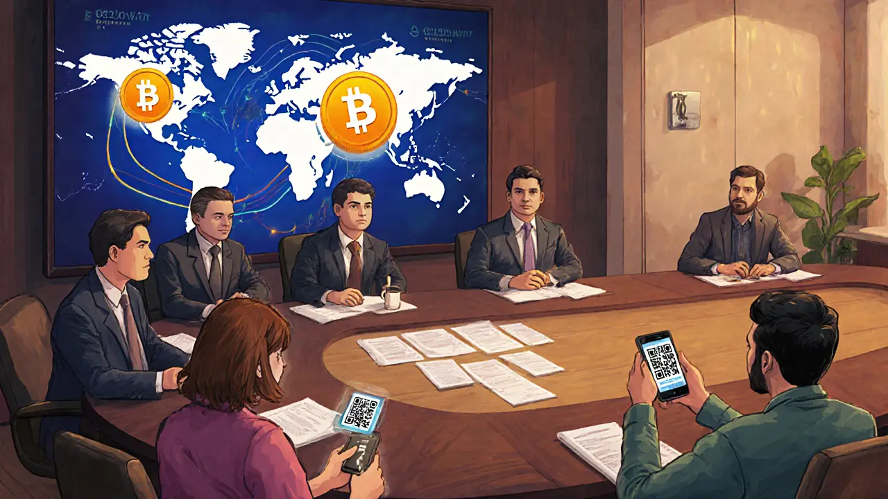Sala di regolamentazione con VAAR, consigli di esperti e persone che inviano stablecoin e micro‑prestiti DeFi.