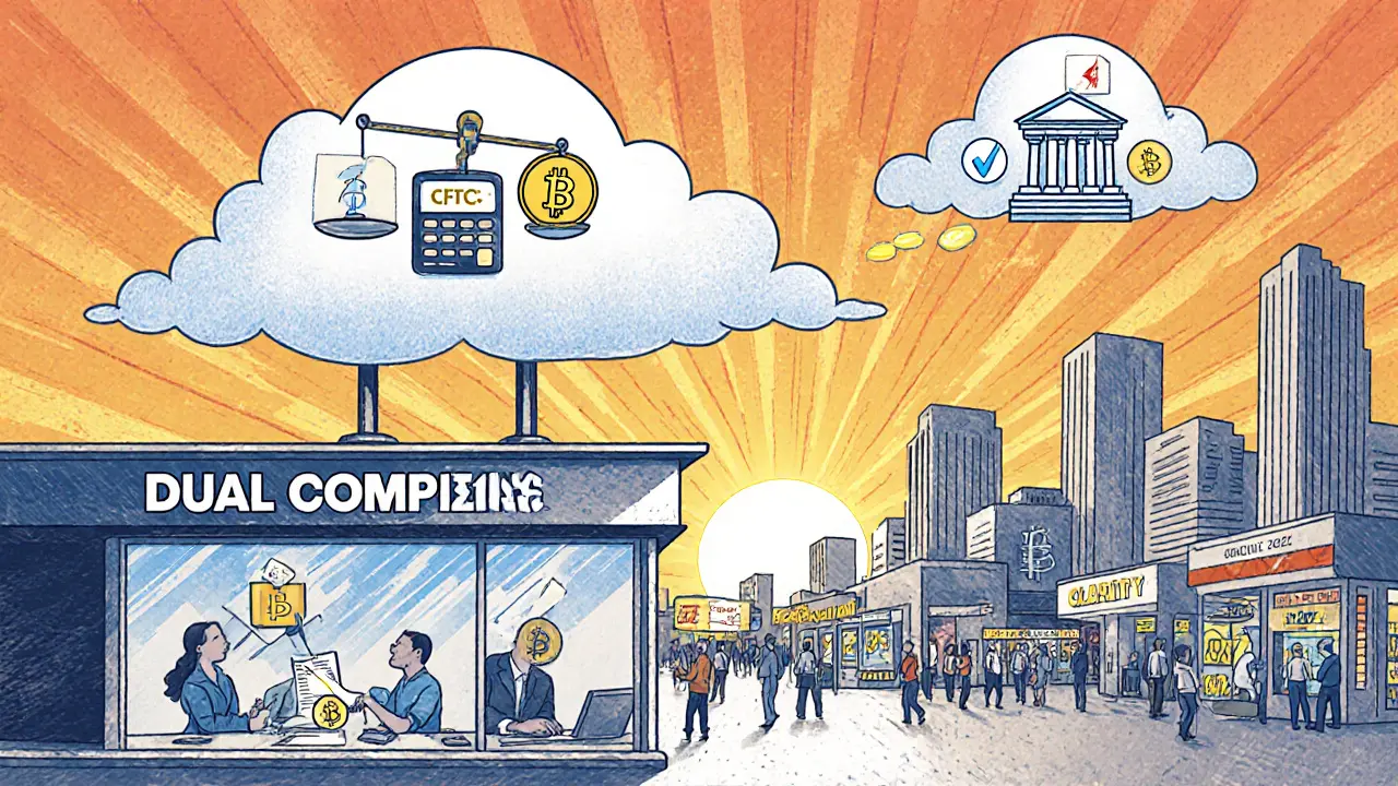 Ufficio crypto con team di compliance, documenti CLARITY Act e bilancia futuristica.