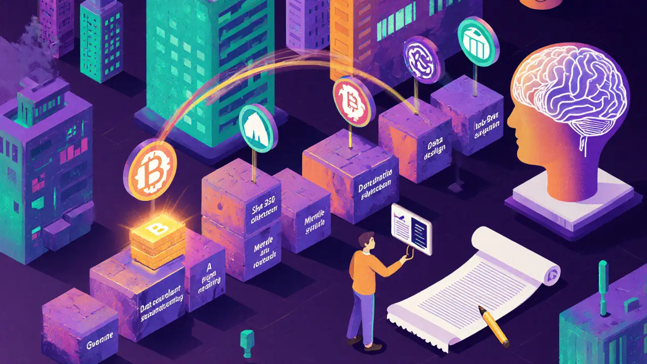 Roadmap illustrata con sensori IoT, IA e contratti smart su blockchain.