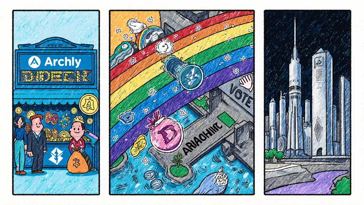 Tre pannelli che mostrano DEX, Rainbow Road come ponte arcobaleno e Reactor Chain come città futuristica.