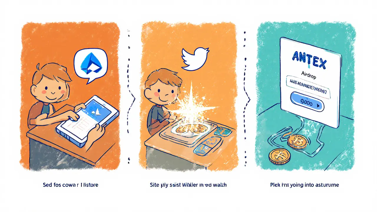 Cartoon che mostra una persona che si unisce a Telegram, segue Twitter e riceve token.