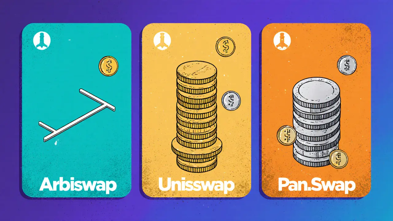 Confronto cartone tra Arbiswap, Uniswap e PancakeSwap con pile di monete che mostrano TVL.