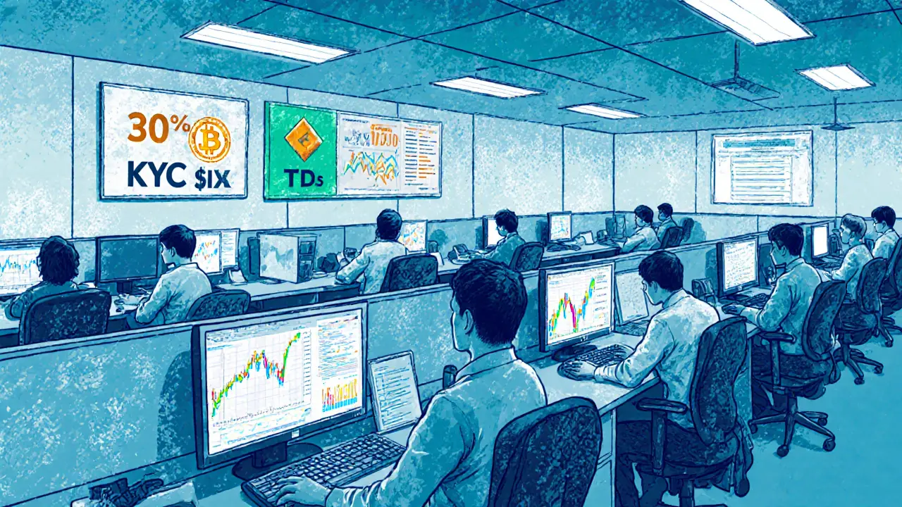 Ufficio di exchange crypto indiano con operatori, grafici e moduli fiscali.