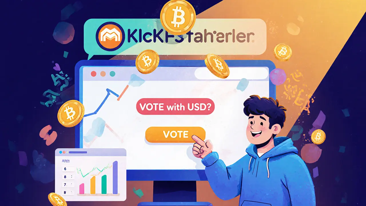 Avatar cartoon che vota con USDT su monitor MEXC, con token DSG fluttuante e classifica.
