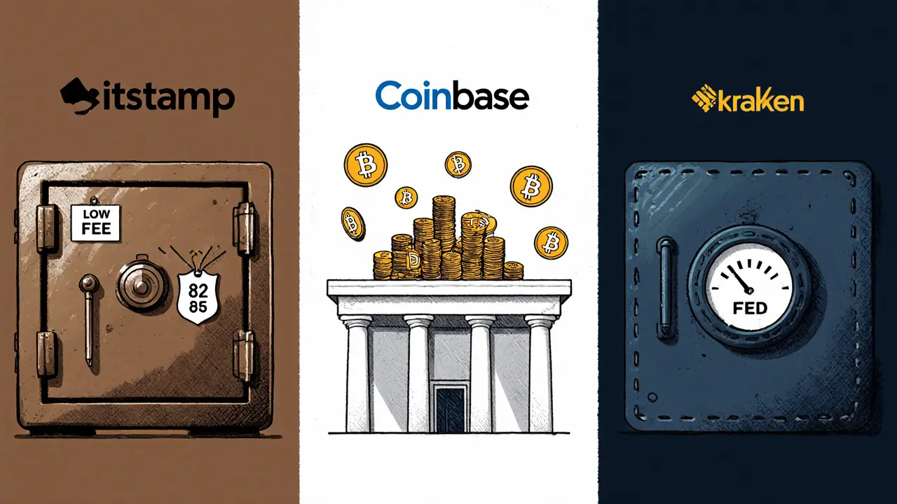 Confronto stilizzato: Bitstamp con cassaforte bronzea, Coinbase con edificio bianco pieno di altcoin, Kraken con sottomarino blu.
