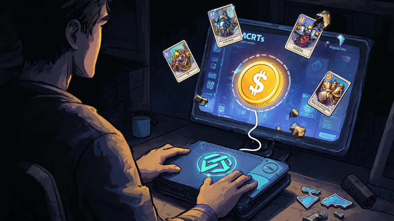 Giocatore che collega il wallet a un&#039;interfaccia di MagicCraft con token MCRT e NFT in sospeso.