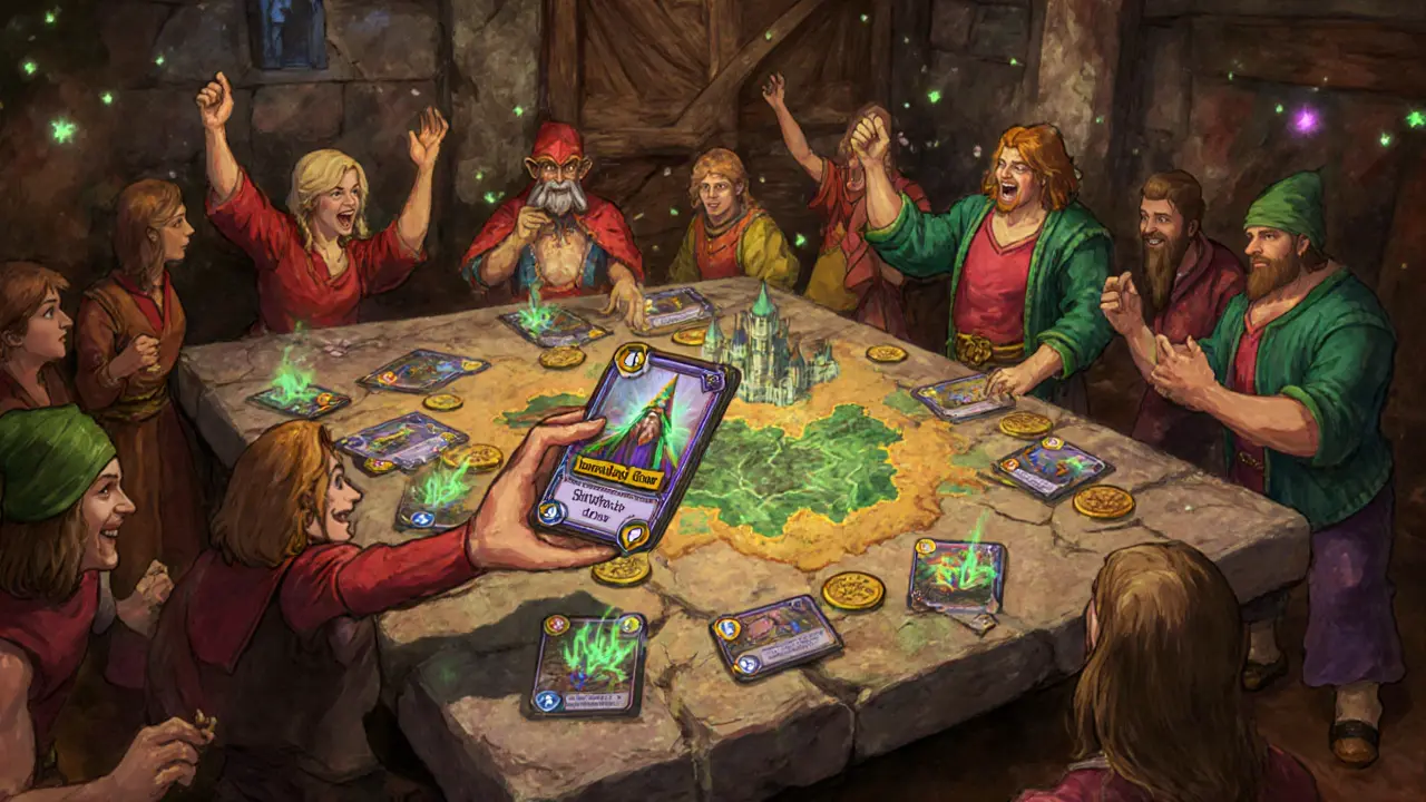 Guild riunita intorno a un tavolo con carte NFT, token MCRT e mappe dei sette castelli magici.