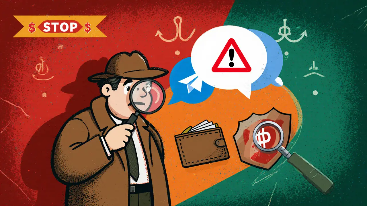 Illustrazione cartoon di consigli di sicurezza contro truffe negli airdrop.