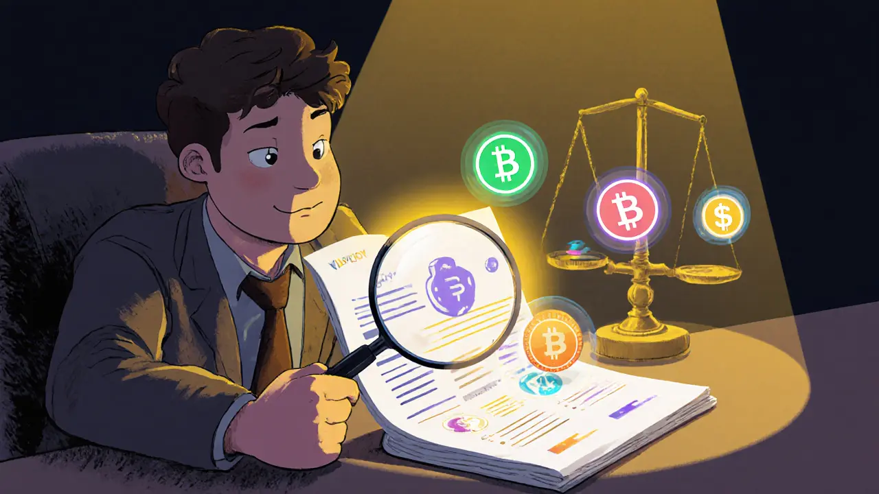 Investitore analizza il whitepaper di un progetto crypto con lente d’ingrandimento.
