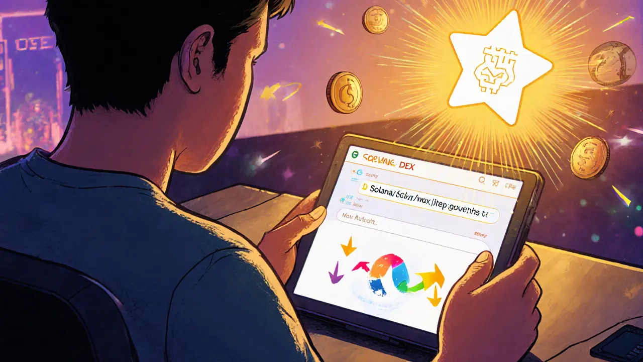 Persona che usa un wallet digitale per comprare il token Pou su un DEX Solana.