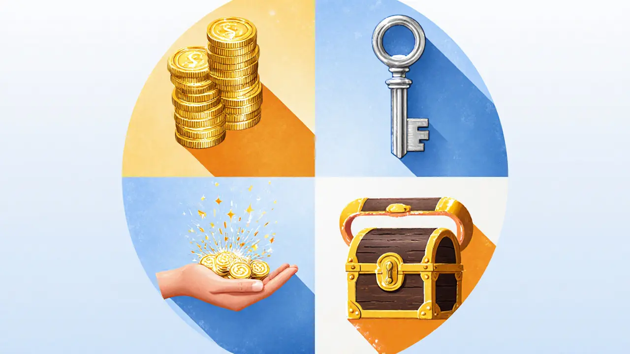 Quattro oggetti simbolici mostrano offerta, utilità, distribuzione e incentivi dei token.