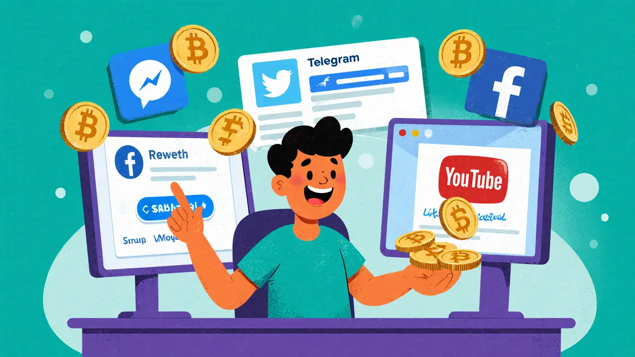 Scena cartoon che mostra la partecipazione all'airdrop della Zenith Foundation su più social.