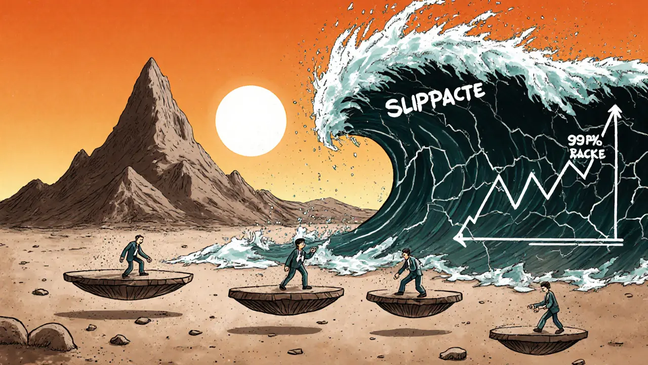 Scena cartoon di mercato cripto con scarsa liquidità e volumi minimi.