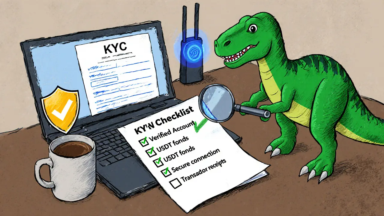 Scrivania con laptop KYC, VPN, checklist e mascotte dinosauro che controlla la sicurezza.