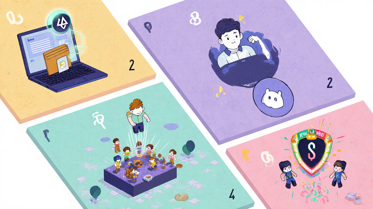 Sequenza di avatar che collega wallet, entra in Discord, gioca e ottiene token SAND.