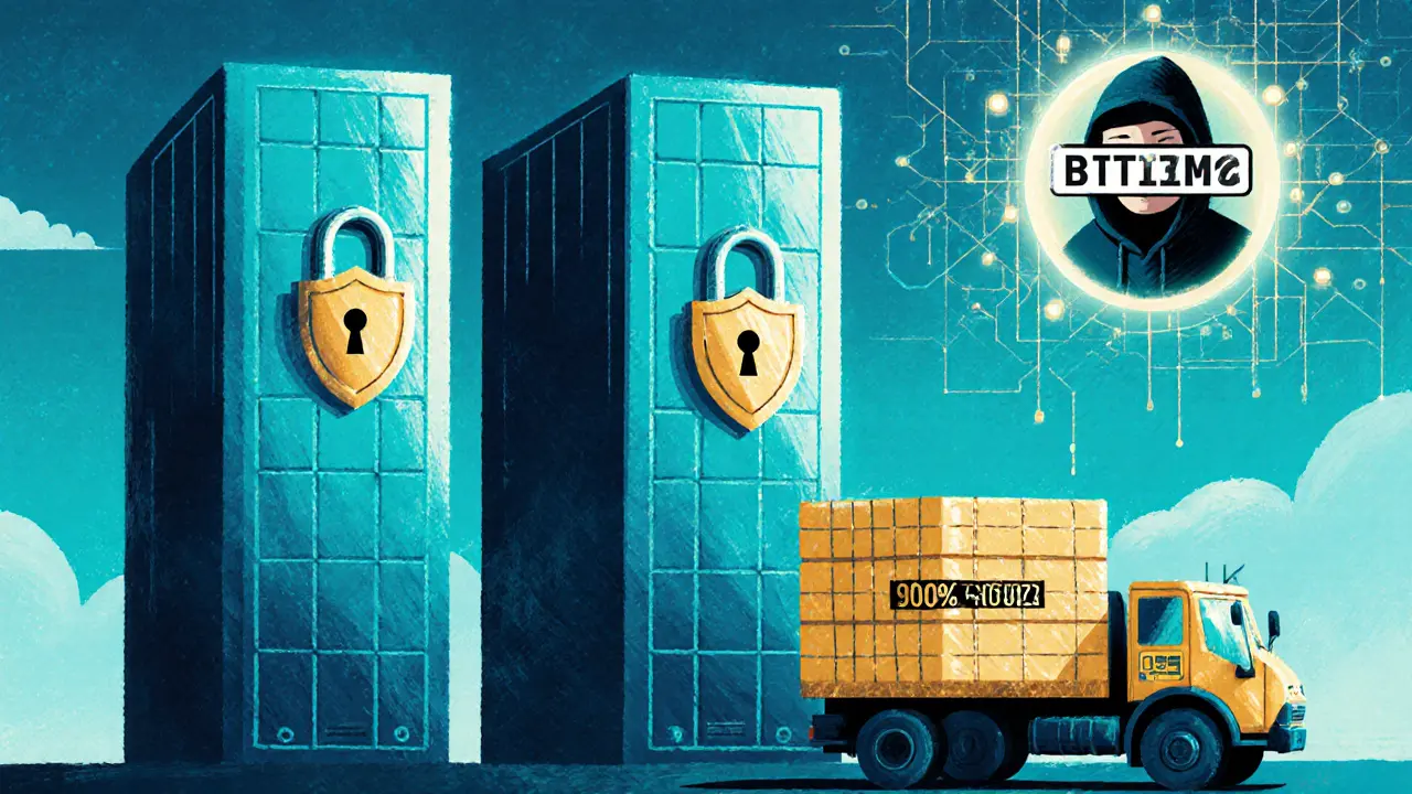 Tre data center con serrature, un camion blindato con casse sigillate e un hacker bloccato da una barriera firewall.