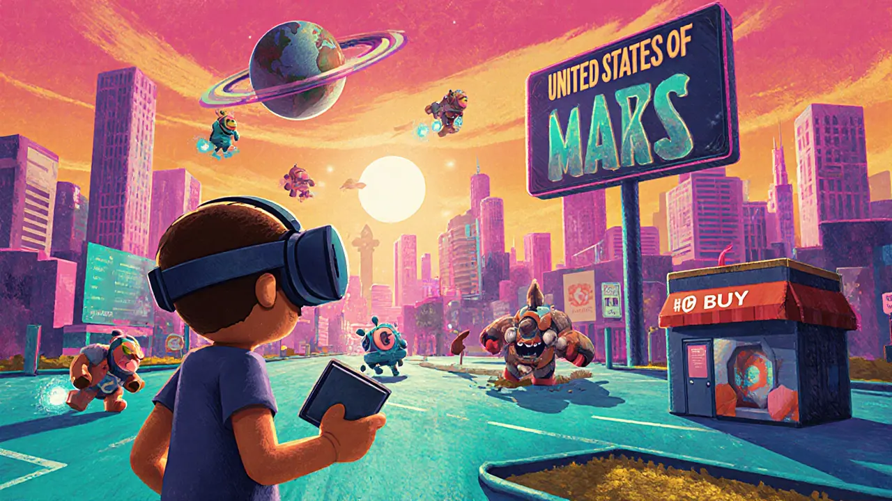 Avatar cartoon esplora il mondo USM Metaverse tra città neon, NFT e gioco Metamon.
