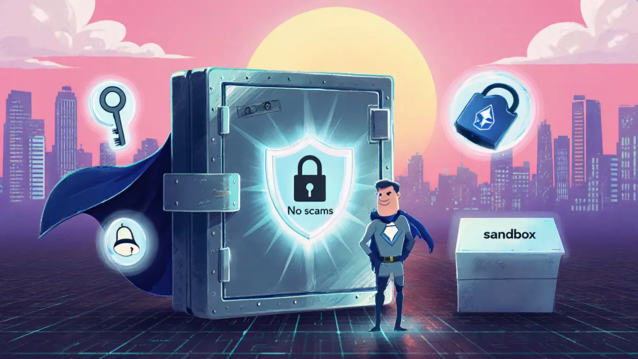 Eroe illustrato difende un wallet con scudo, 2FA e avvisi per evitare truffe cripto.