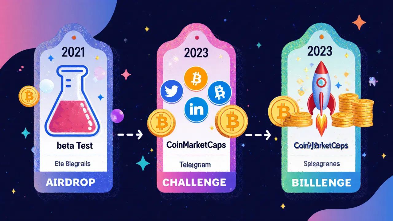 Timeline colorata degli airdrop O3: beta, social e Bitget con icone.