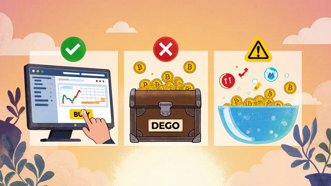 Utente acquista DEGO, lo trasferisce al wallet e avvia staking, con simboli di pro e contro.