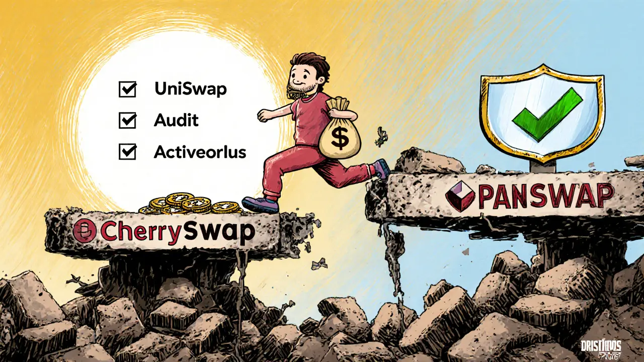 Utente cartoon trasferisce token CHE da CherrySwap a Uniswap e PancakeSwap.