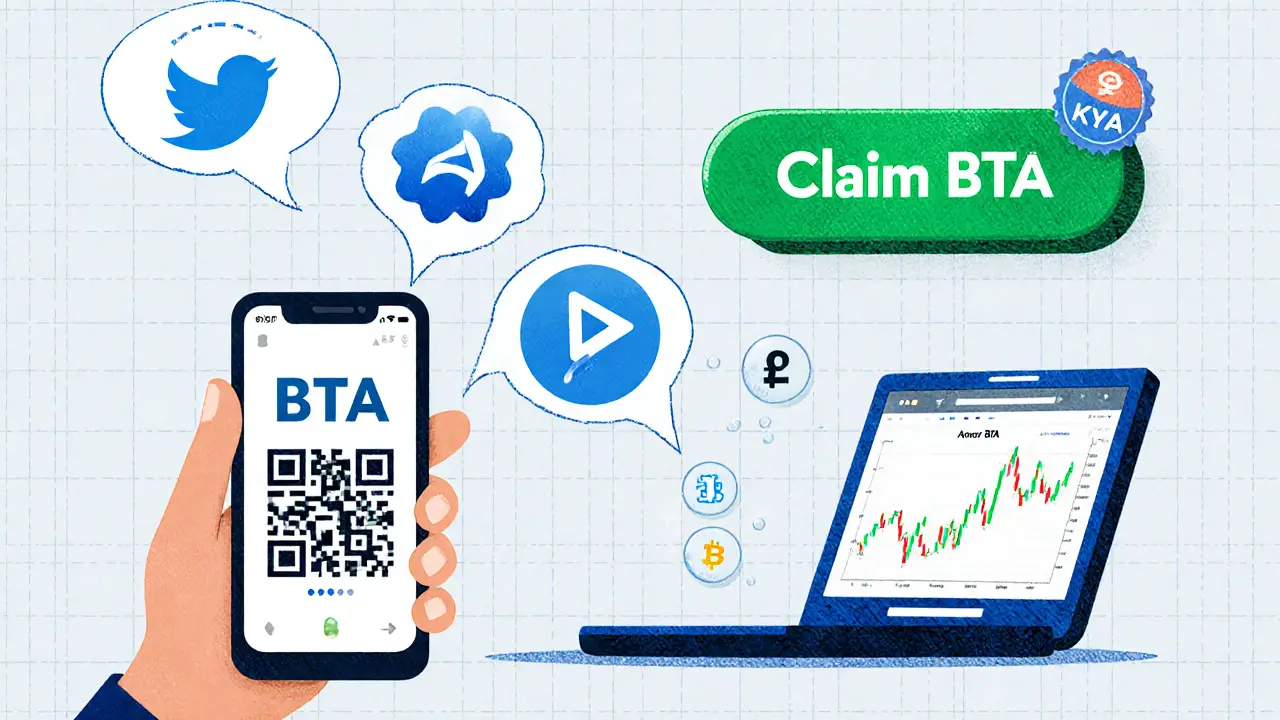 Utente segue il processo di claim BTA con wallet, verifica di trade e pulsante verde.