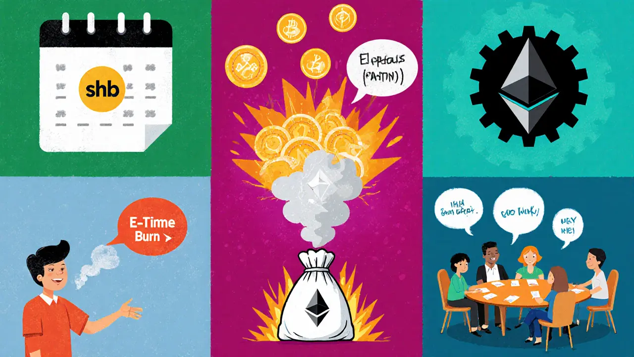Vignette cartoon che mostrano i cinque tipi di token burn: programmato, una tantum, protocollo, buyback e DAO.