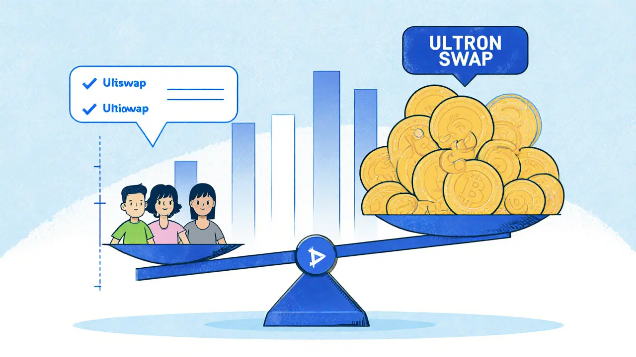 Bilancia che pesa Uniswap grande contro Ultron Swap piccolo, con pochi utenti nella community.