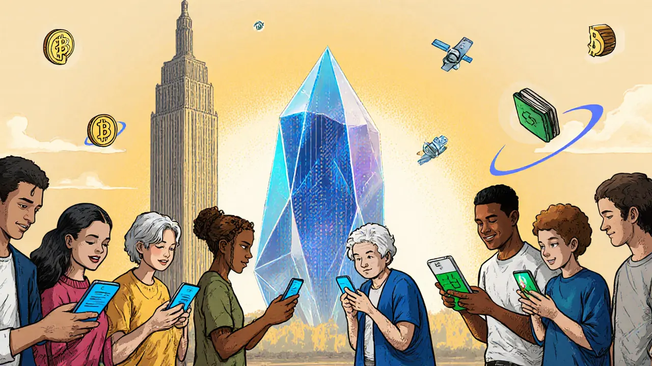 Cittadini che usano app di CBDC e wallet crypto in un ambiente futuro condiviso.